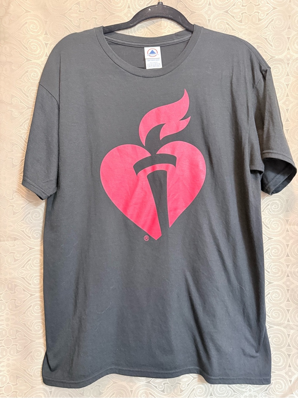 American Heart Association Black Short Sleeve Tee with Red Heart Torch Graphic